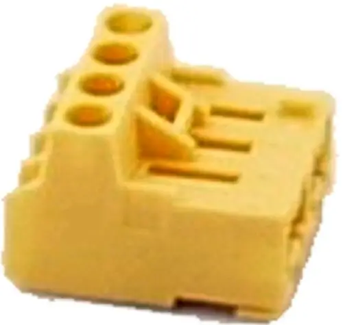 Gelangt ein gelber Kurzschlussstecker von Wolf für die Abgasklappe in die Nähe, erkennbar an mehreren Anschlussöffnungen für eine sichere Verbindung.